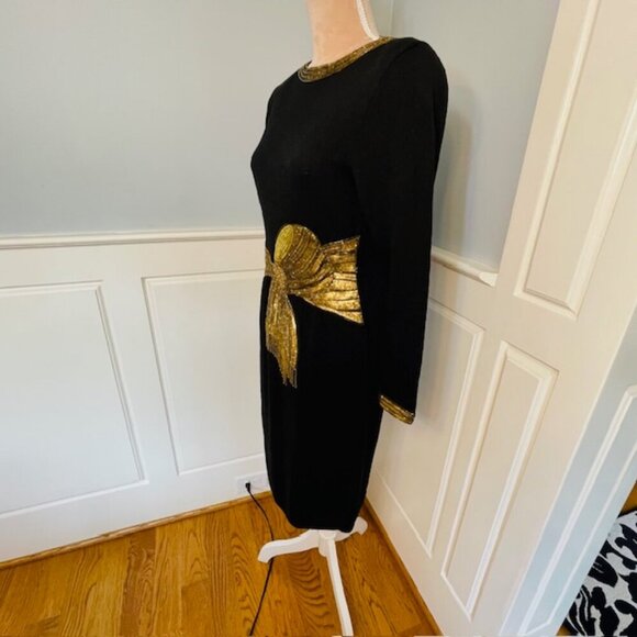 Vintage 80's Don Sayres for Wellmore Wool & Rayon Knit Beaded Sequin Dress 6 - Picture 6 of 7